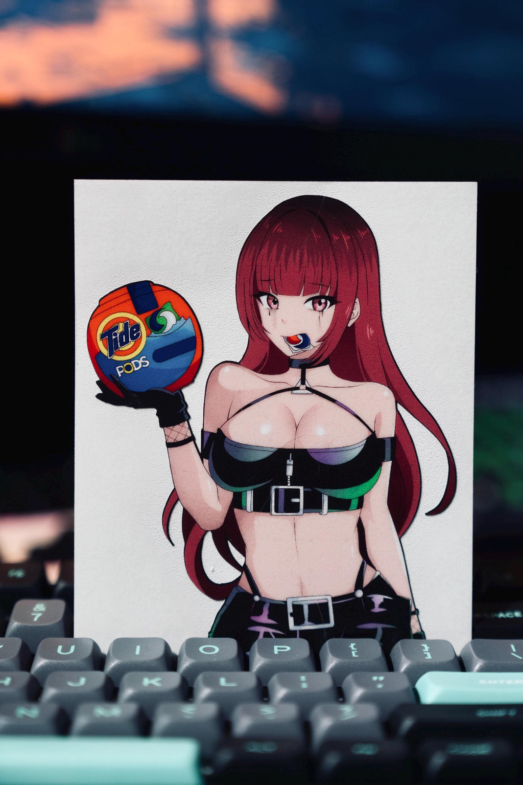 busty red hair anime girl eating tide pods, funny meme sticker