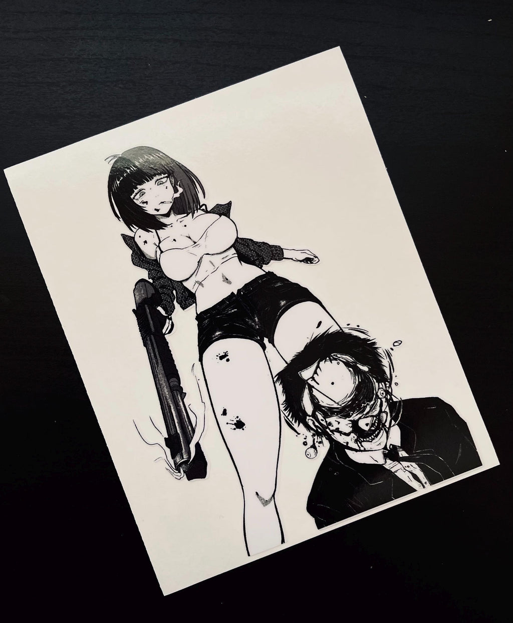 sticker of a busty anime girl with a shotgun