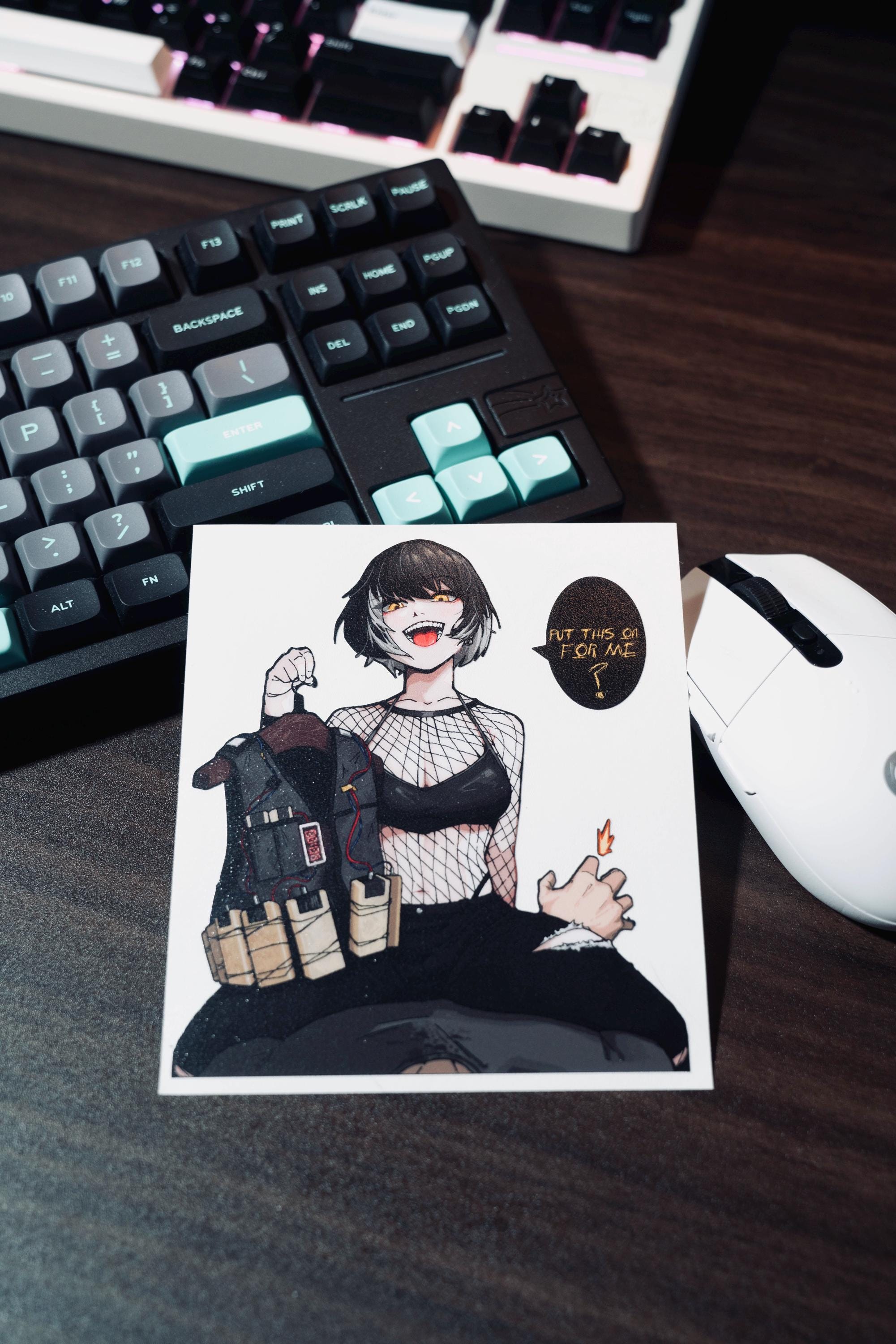 sticker of cute funny anime girl holding a bomb vest while on top of some one.