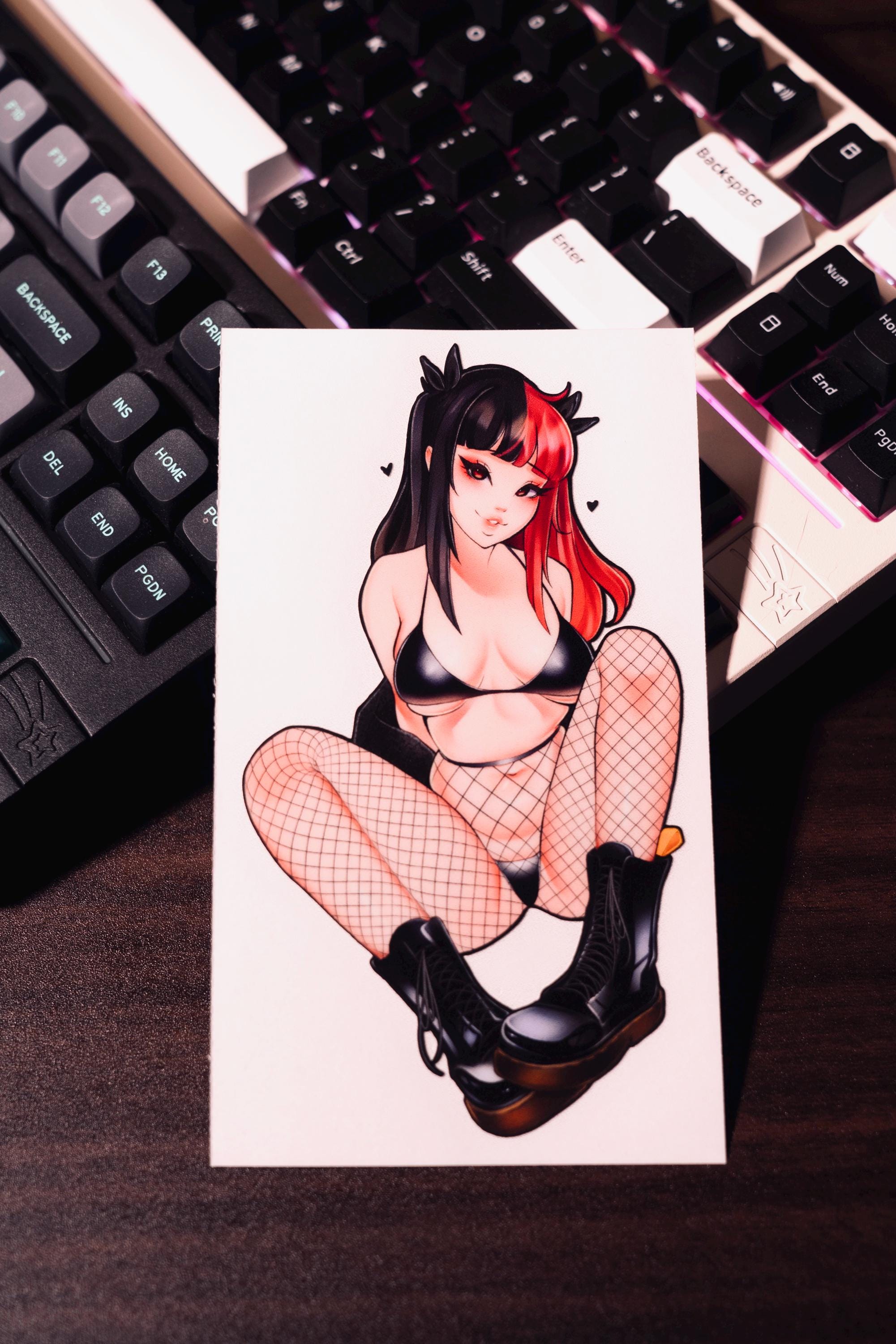 Busty anime girl in a bikini and fishnet stockings wearing doc marten boots, busty anime girl sticker