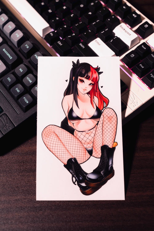 Busty anime girl in a bikini and fishnet stockings wearing doc marten boots, busty anime girl sticker