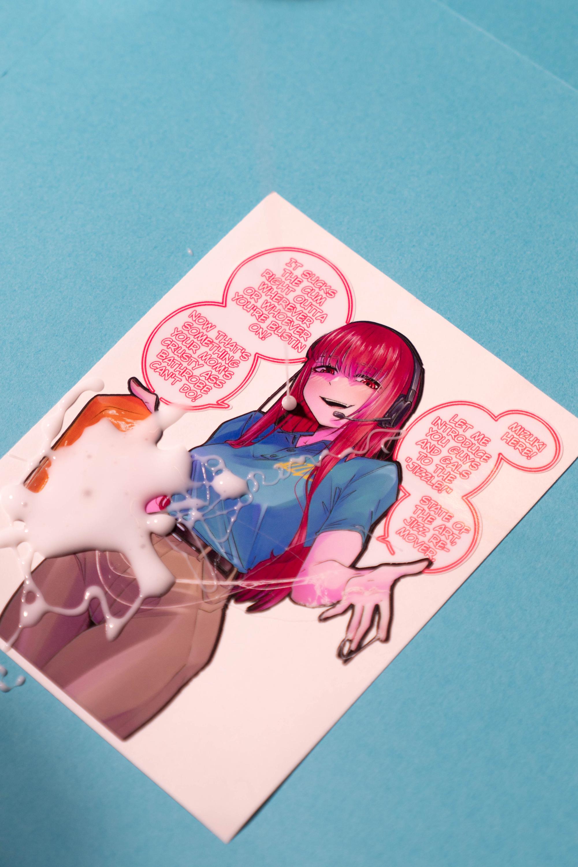 A funny pink/red haired anime girl meme sticker, doing an infomercial for the jizzle.