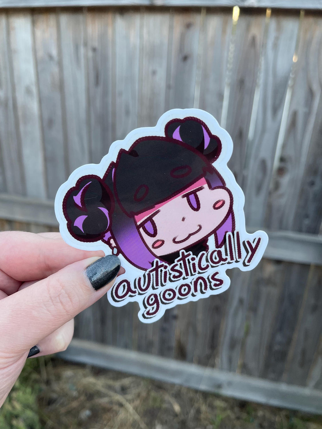 cute anime waifu chibi diecut meme sticker that says "autistically goons"