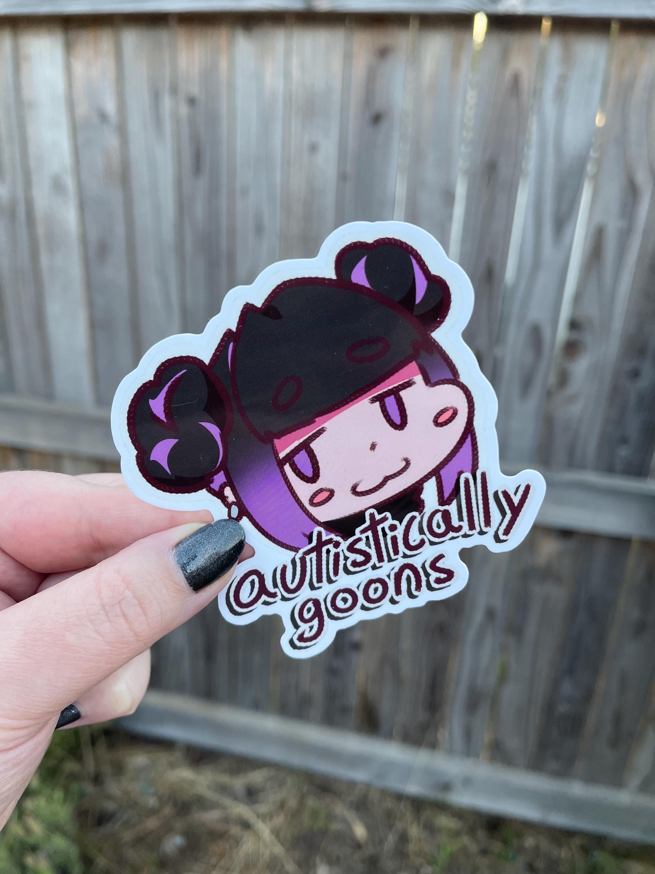 cute anime waifu chibi diecut meme sticker that says "autistically goons"