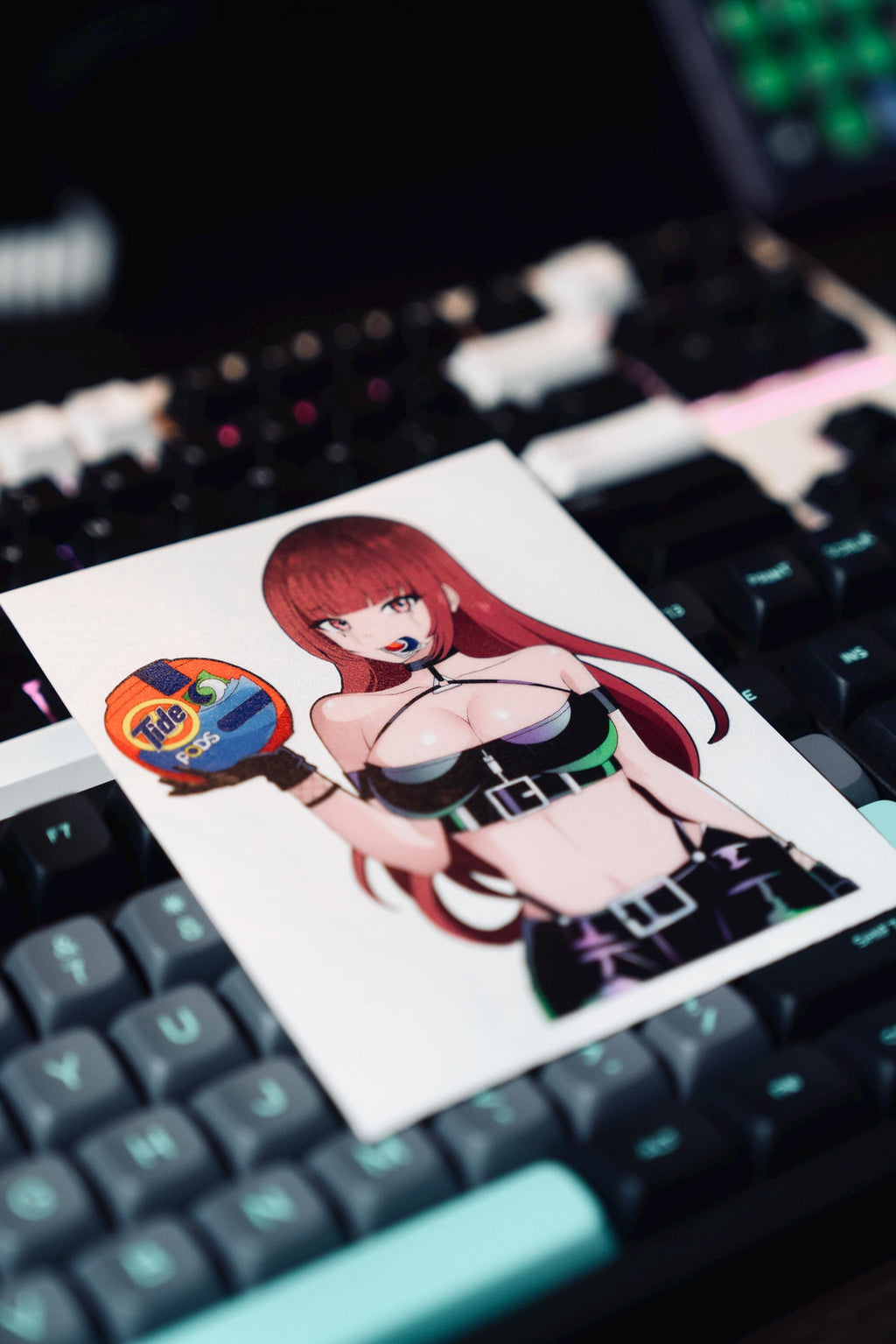 busty red hair anime girl eating tide pods, funny meme sticker
