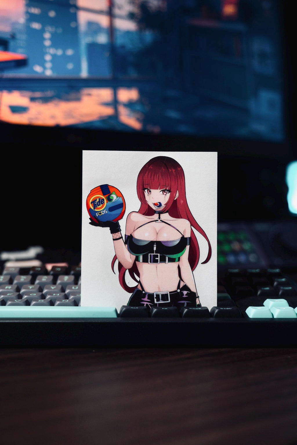 busty red hair anime girl eating tide pods, funny meme sticker