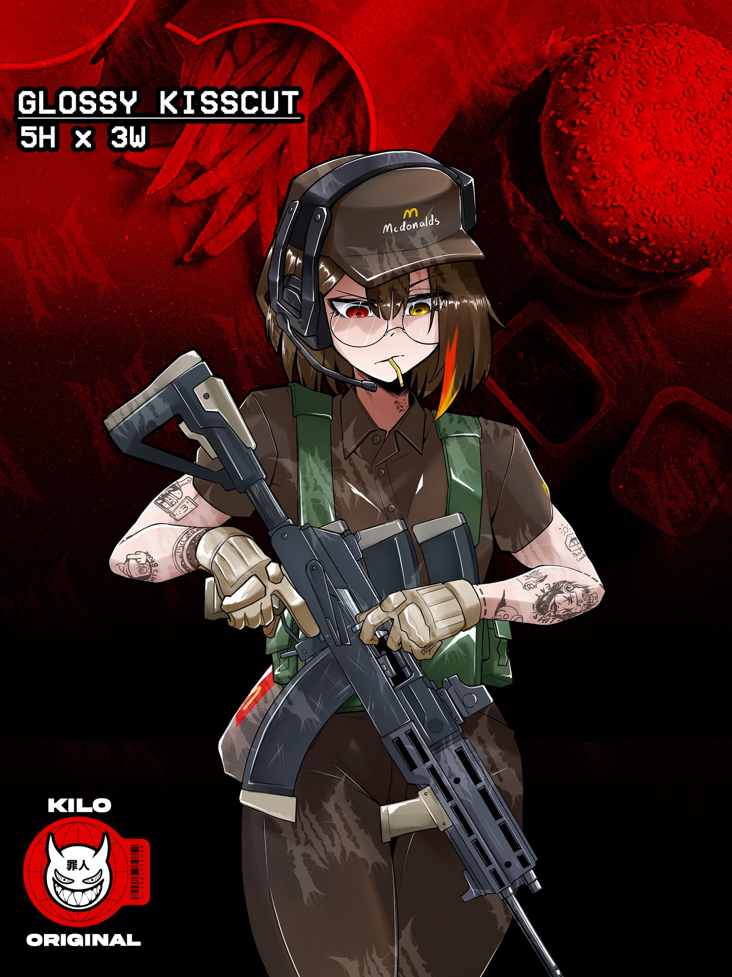 anime girl holding a rifle in a mcdonald's uniform with a black bob and tattoos.