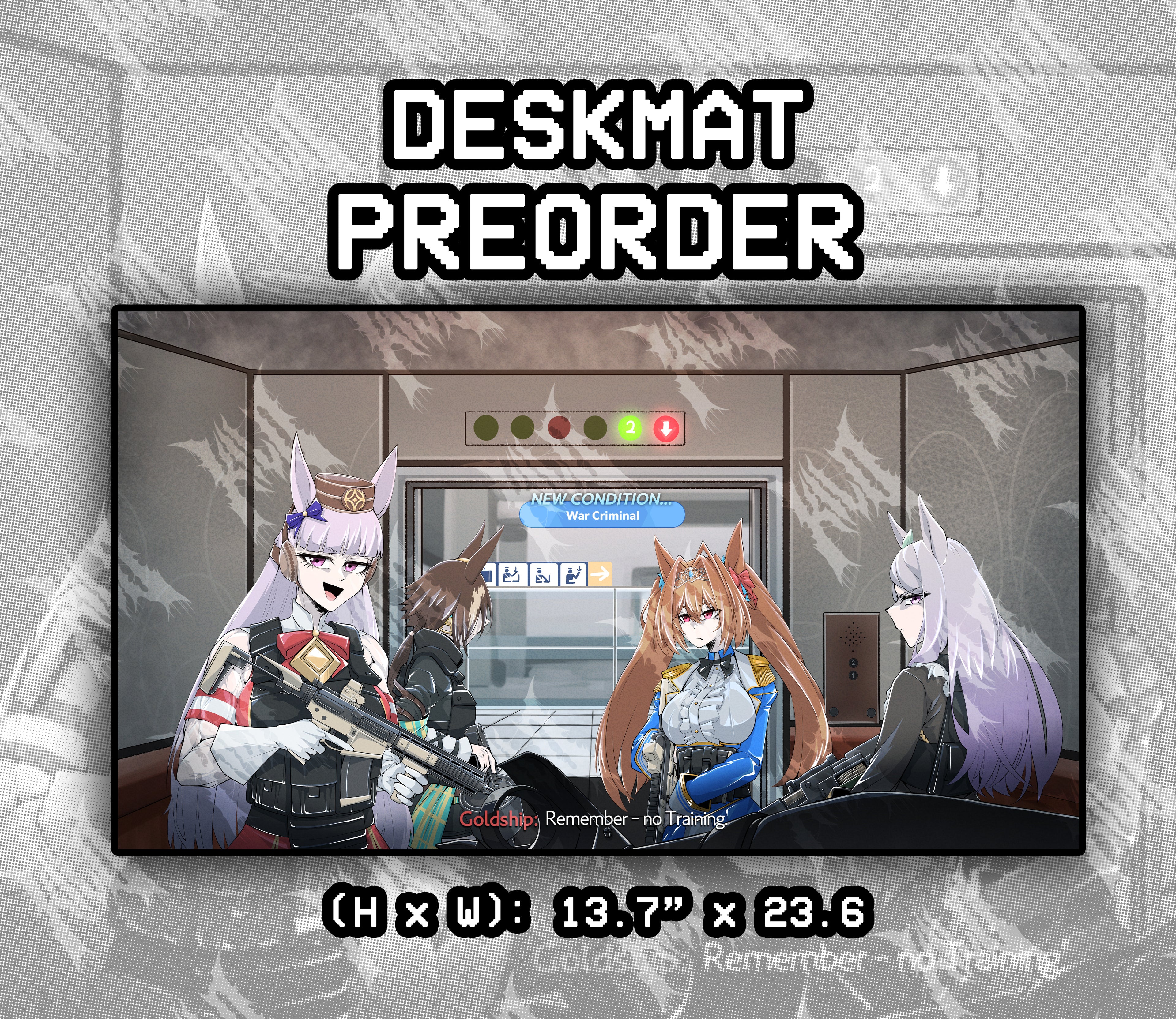 umamusume deskmat, umamusume girls in no russian scene from call of duty modern warfare 2, MW2, goldship, daiwa scarlett, Mcqueen, Vodka. Umamusume meme deskmat.