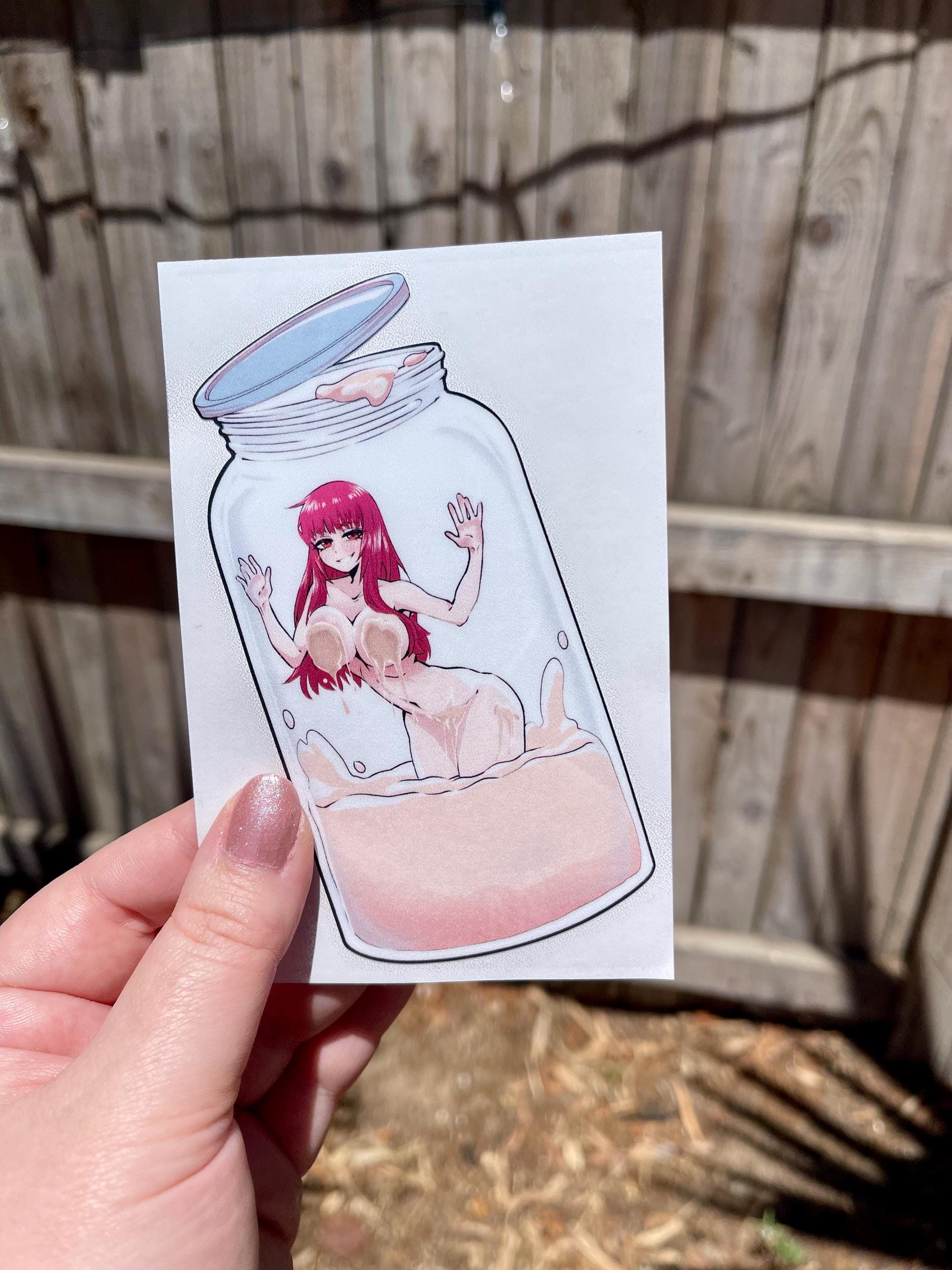 sticker of busty red haired anime girl inside of a jar