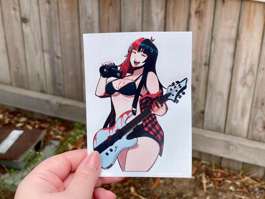 sticker a busty anime girl with red and black hair with a red flannel holding a white guitar