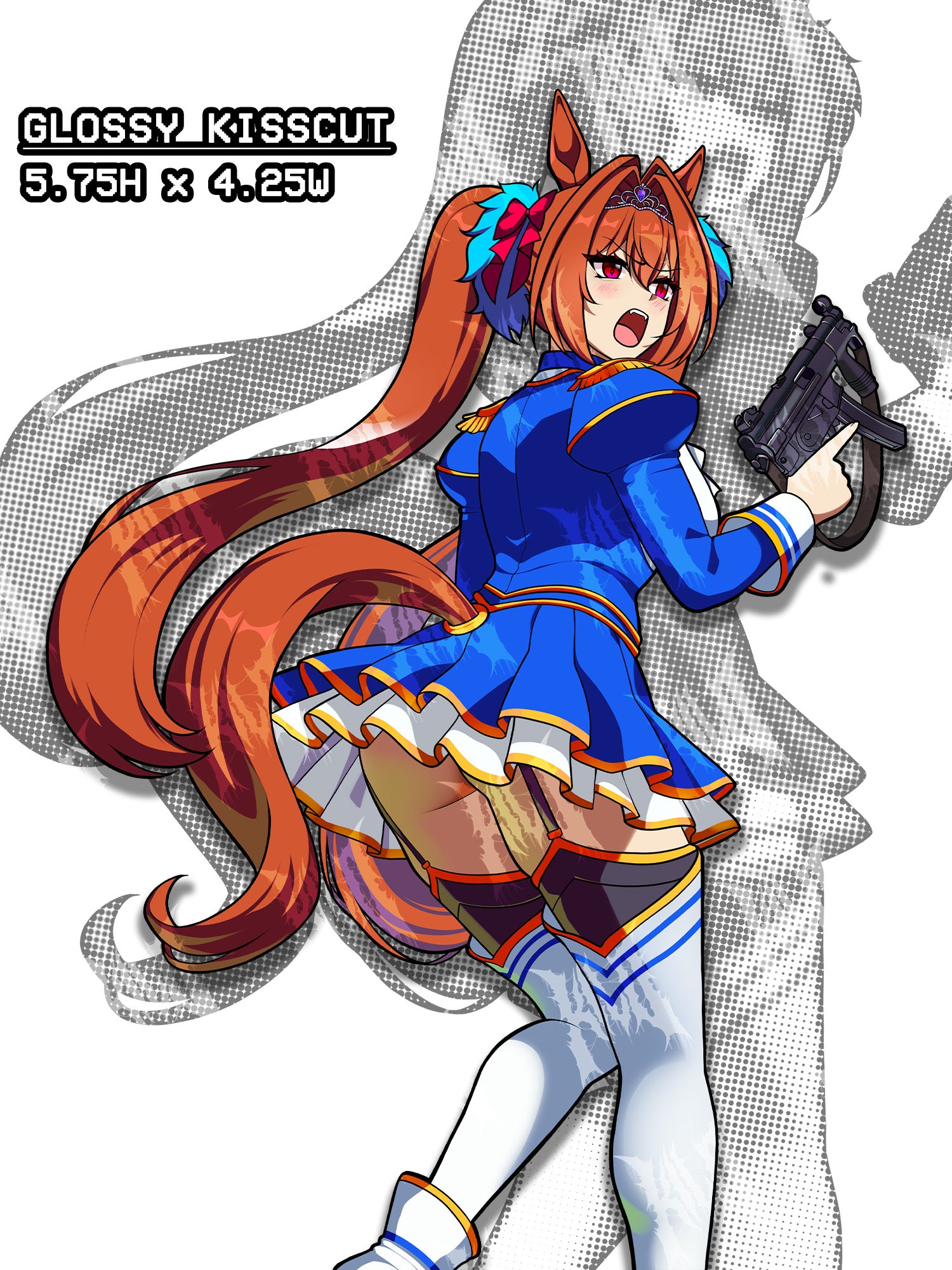 thick daiwa scarlett, umamusume daiwa, daiwa scarlett holding an MP5, umamusume sticker