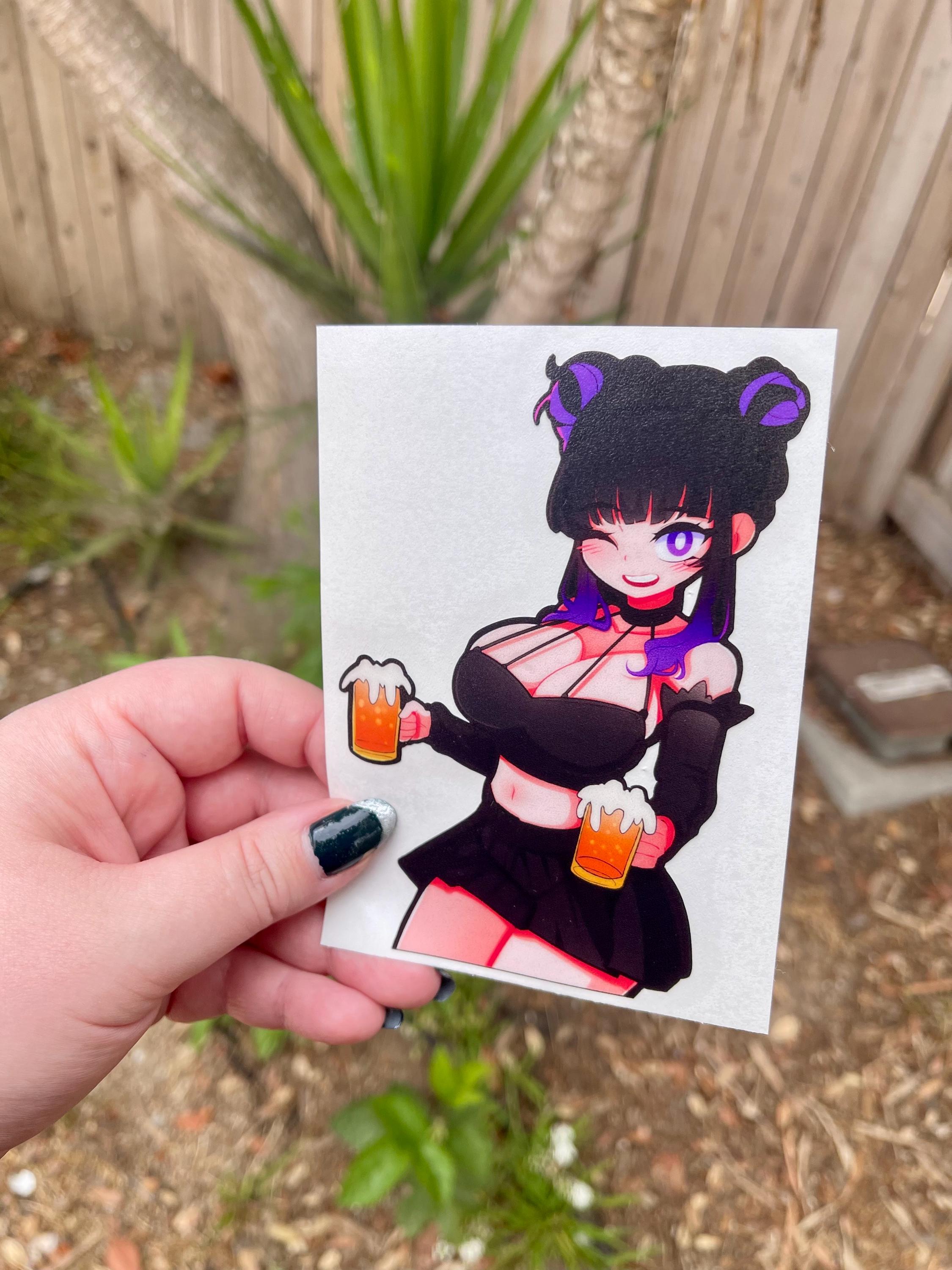 Anime character with purple and black hair in a skimpy outfit holding two beers, busty anime girl sticker