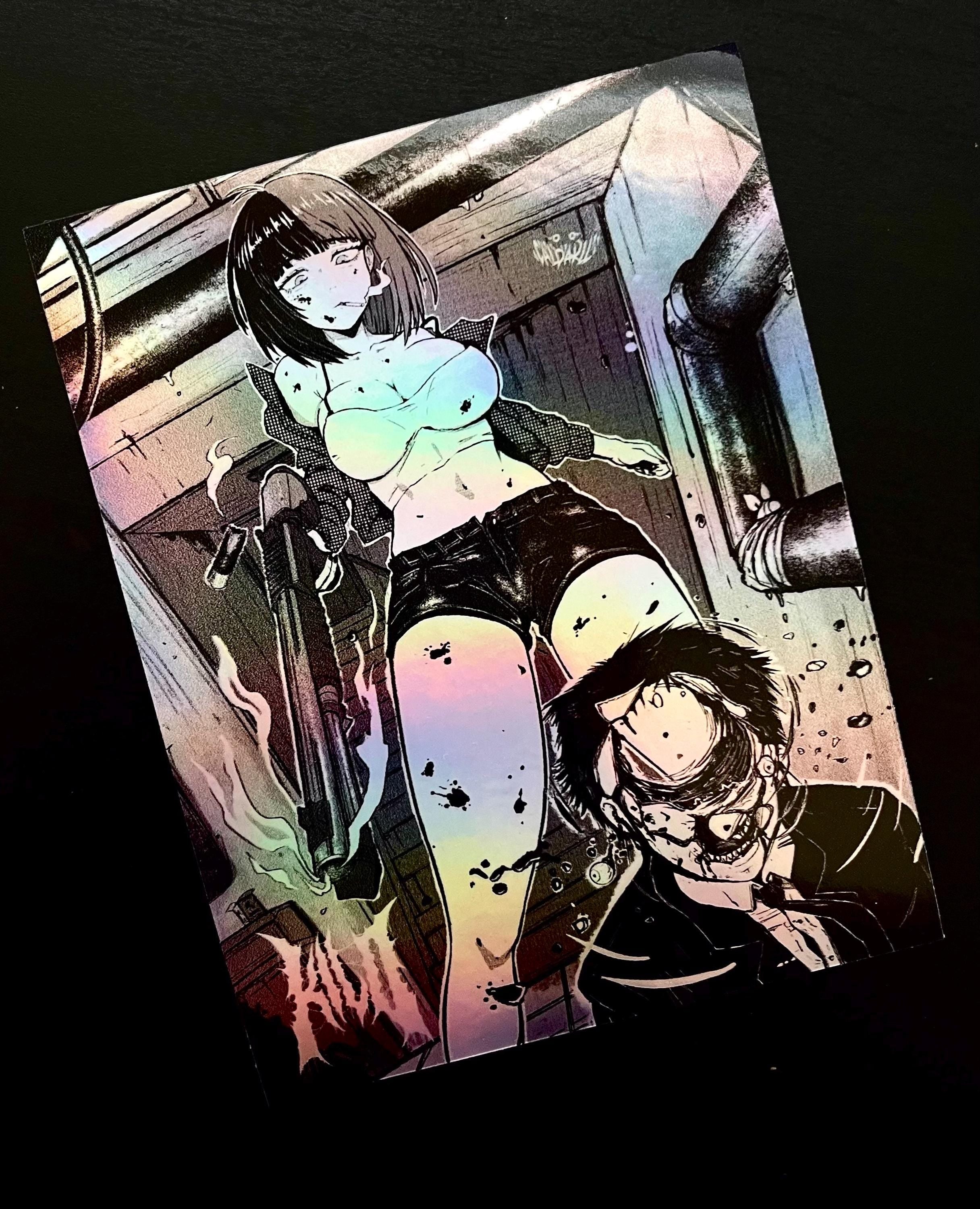 sticker of a busty anime girl with a shotgun