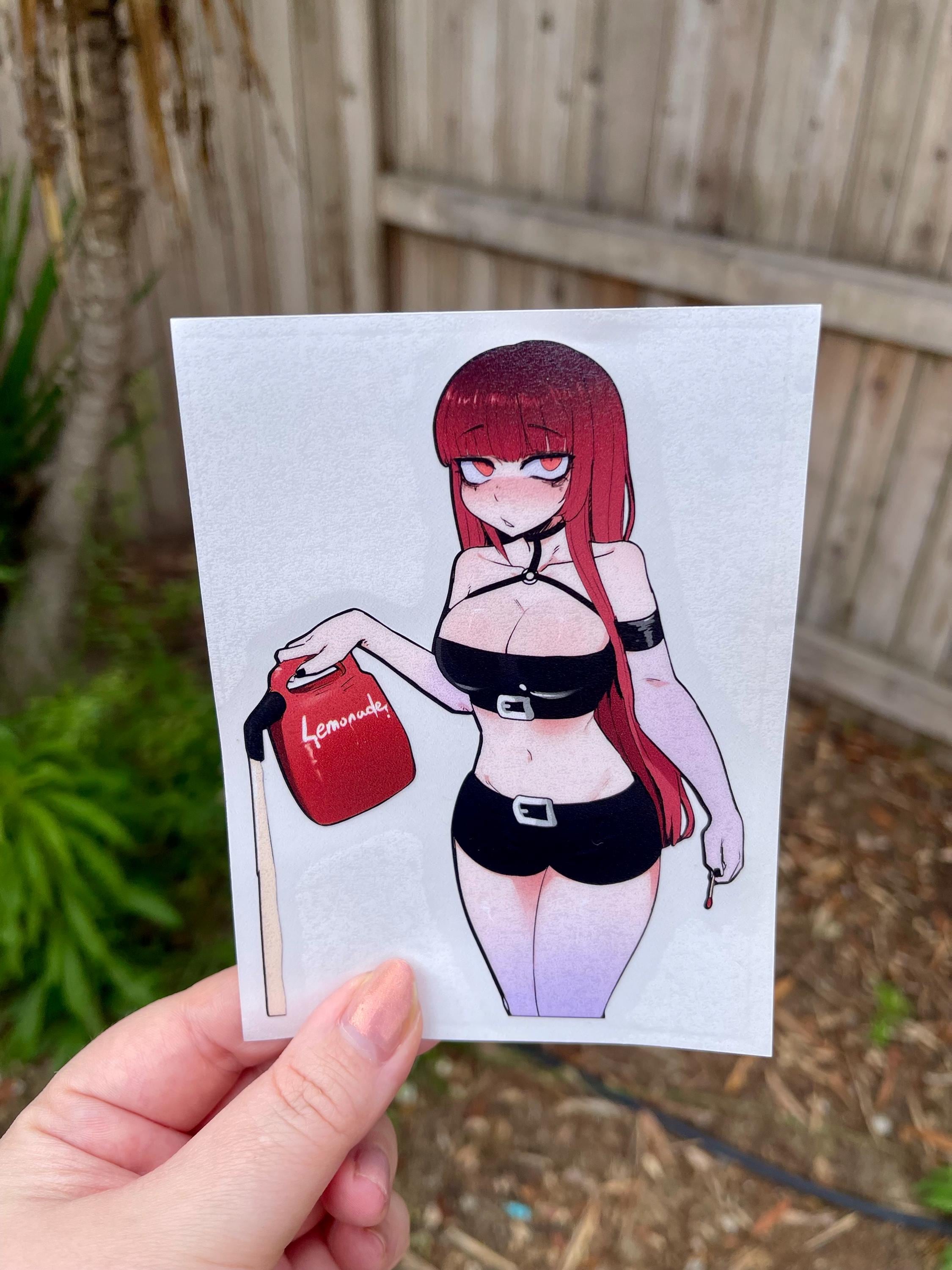 sticker of a busty anime girl holding a gas can
