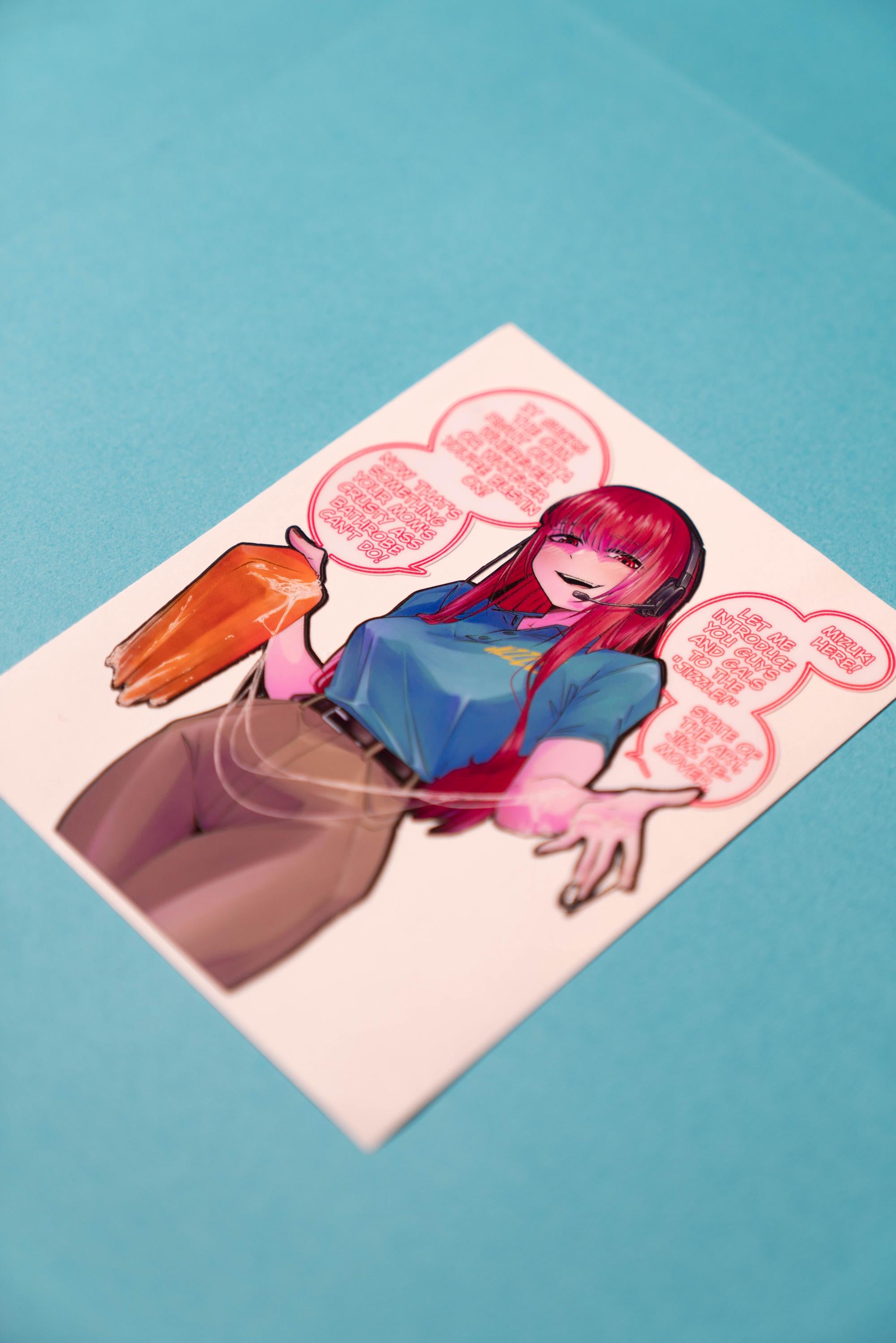 A funny pink/red haired anime girl meme sticker, doing an infomercial for the jizzle.