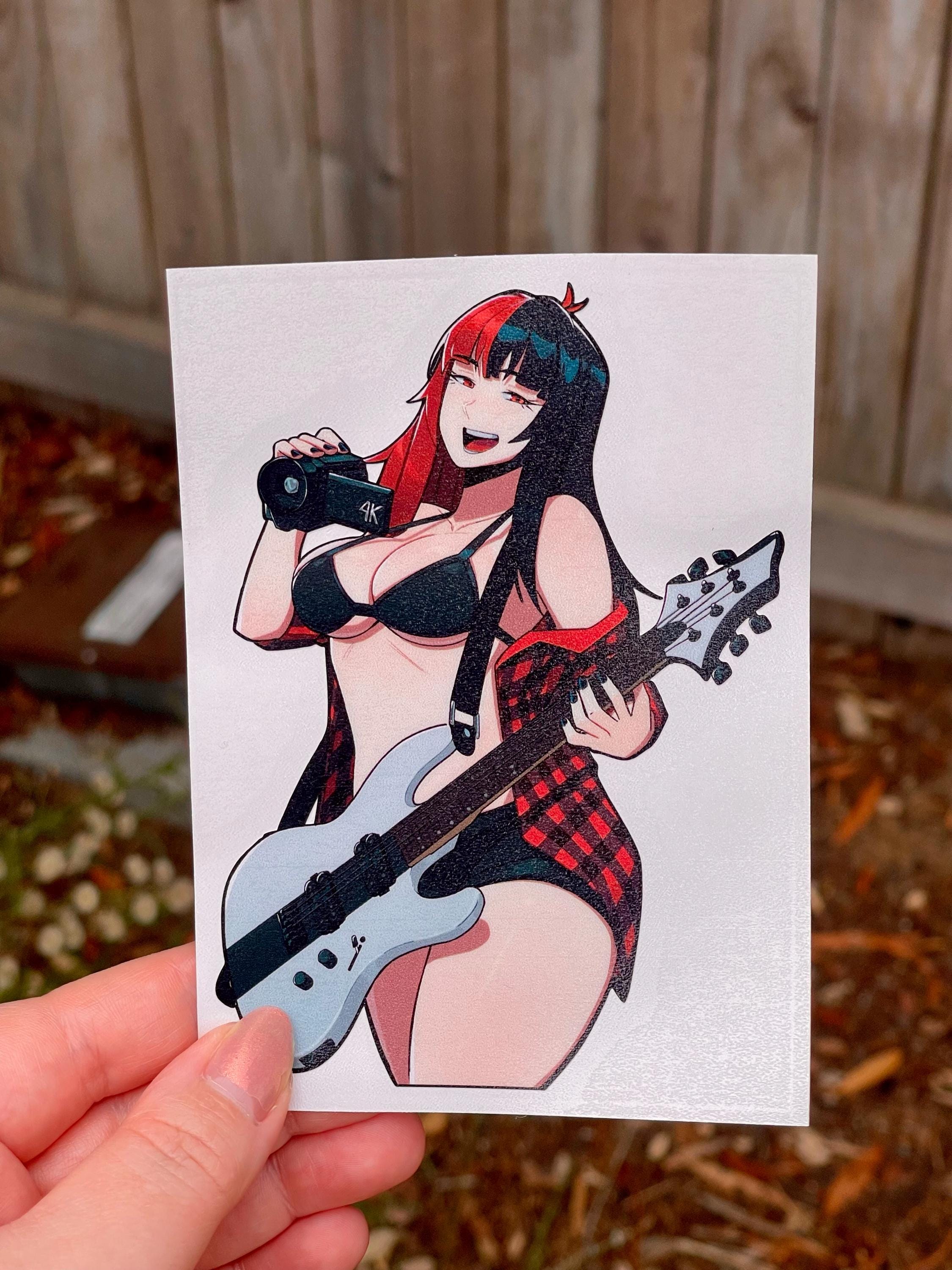 sticker a busty anime girl with red and black hair with a red flannel holding a white guitar
