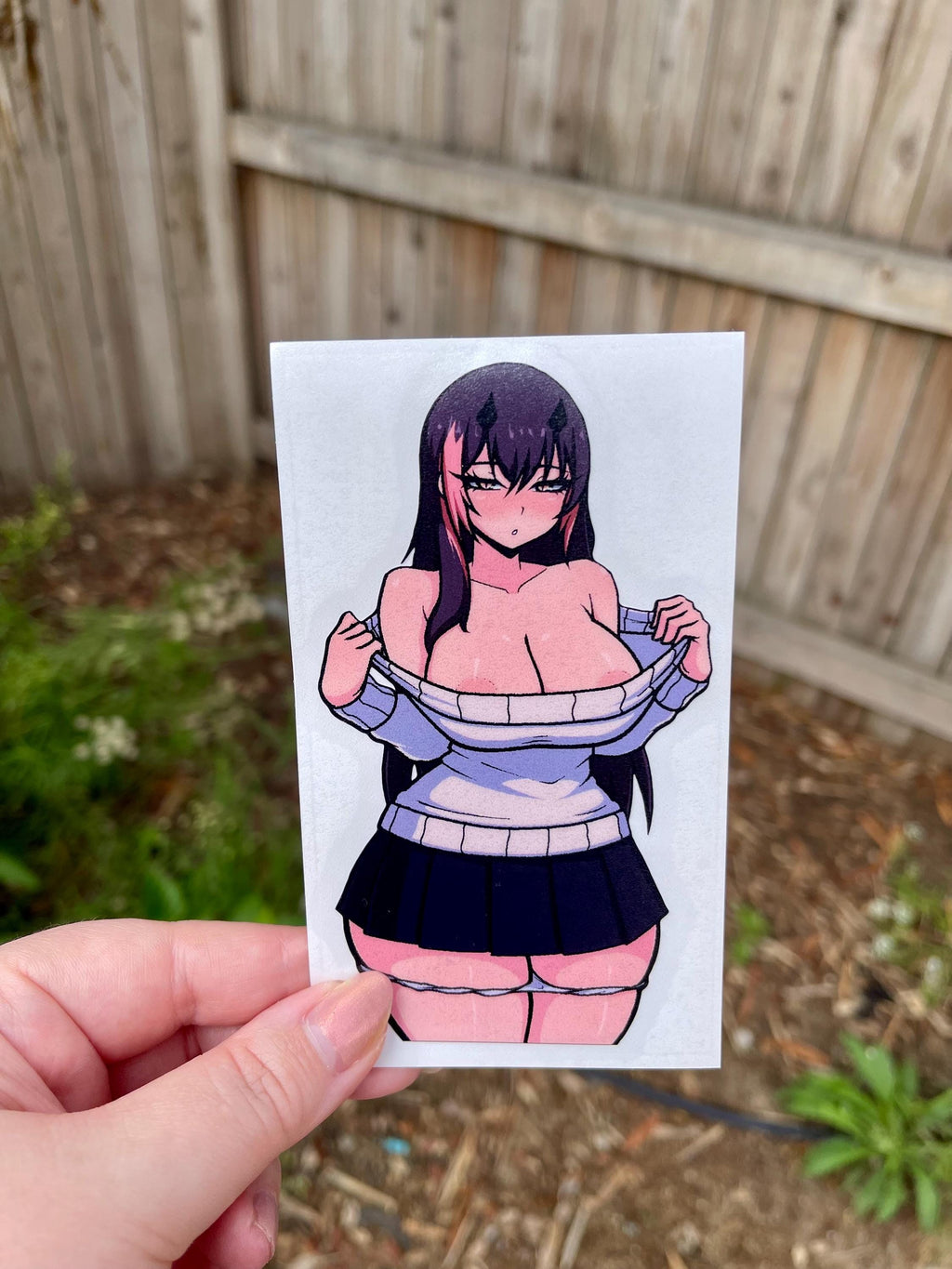 Busty thick anime girl with long black and pink hair taking off a sweater in a mini skirt, lewd anime character sticker