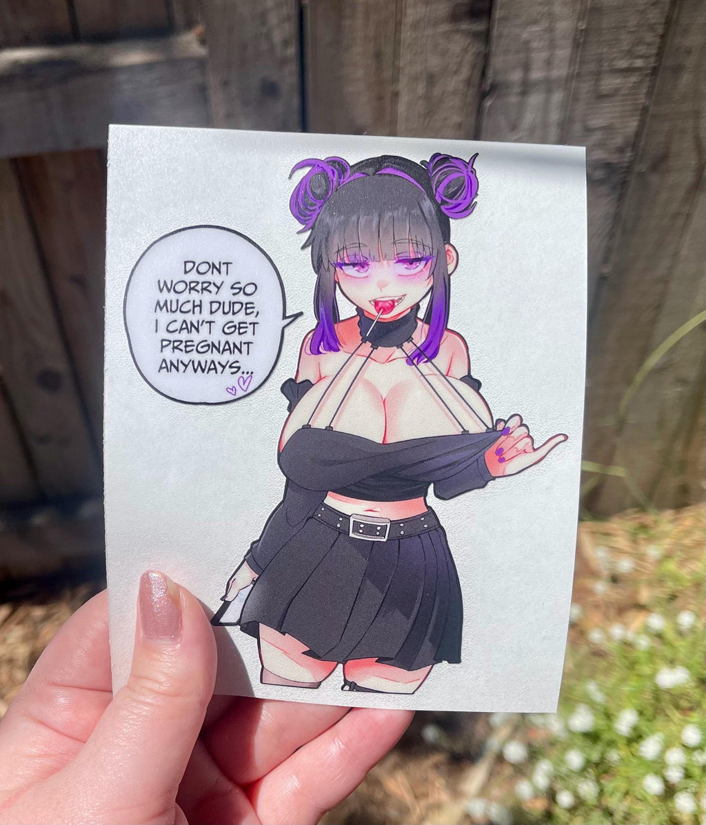 Anime girl character with purple hair and a black outfit, with text bubble, busty anime girl sticker