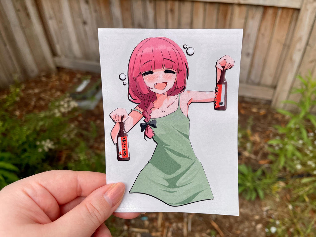 funny drunk anime girl sticker of Kikuri from Bocchi the rock with pink hair and a green dress holding beer bottles.