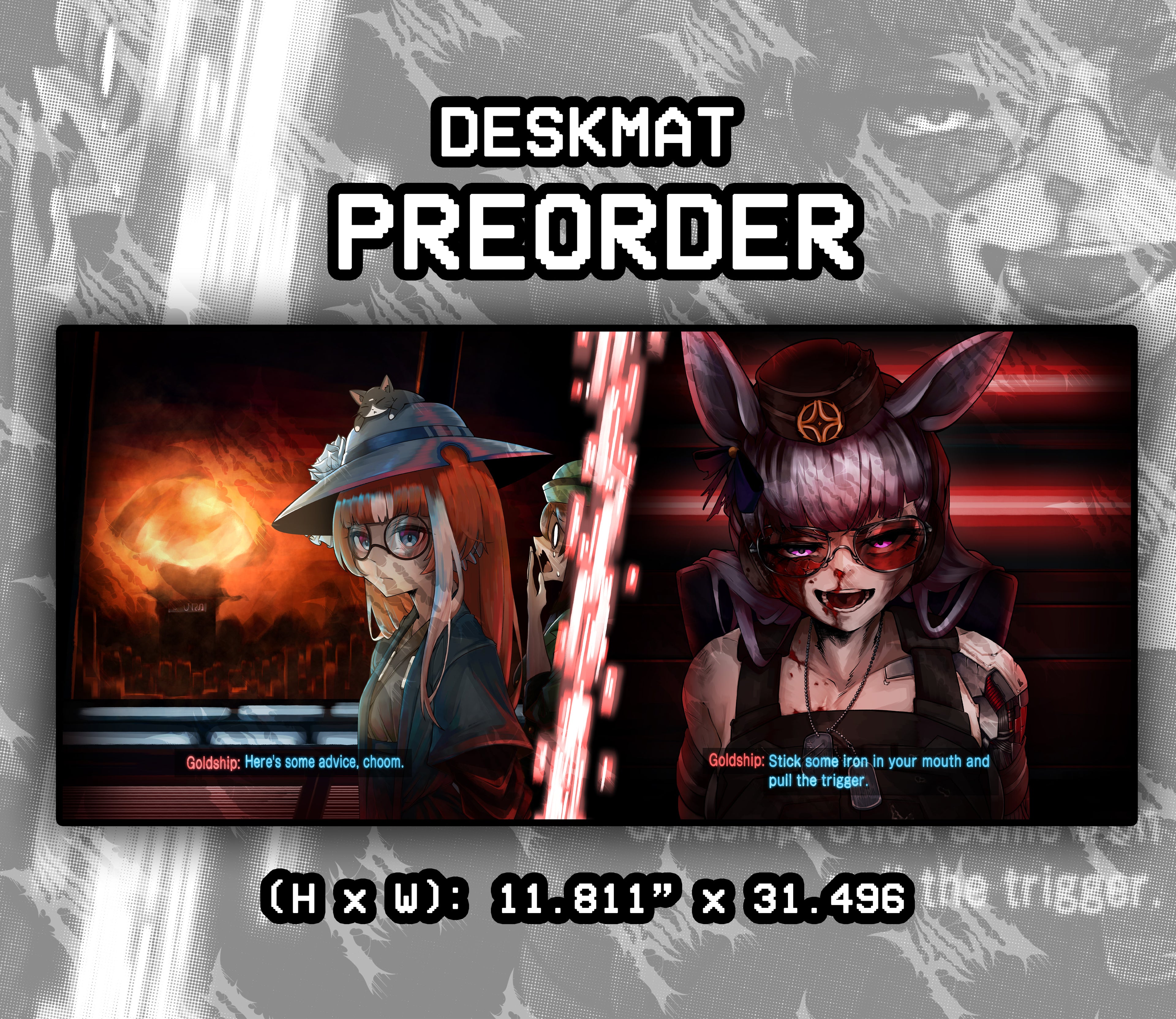 umamusume deskmat with goldship as johnny silverhand from cyberpunk 2077 and Yayoi Akikawa