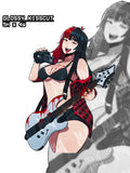 sticker a busty anime girl with red and black hair with a red flannel holding a white guitar