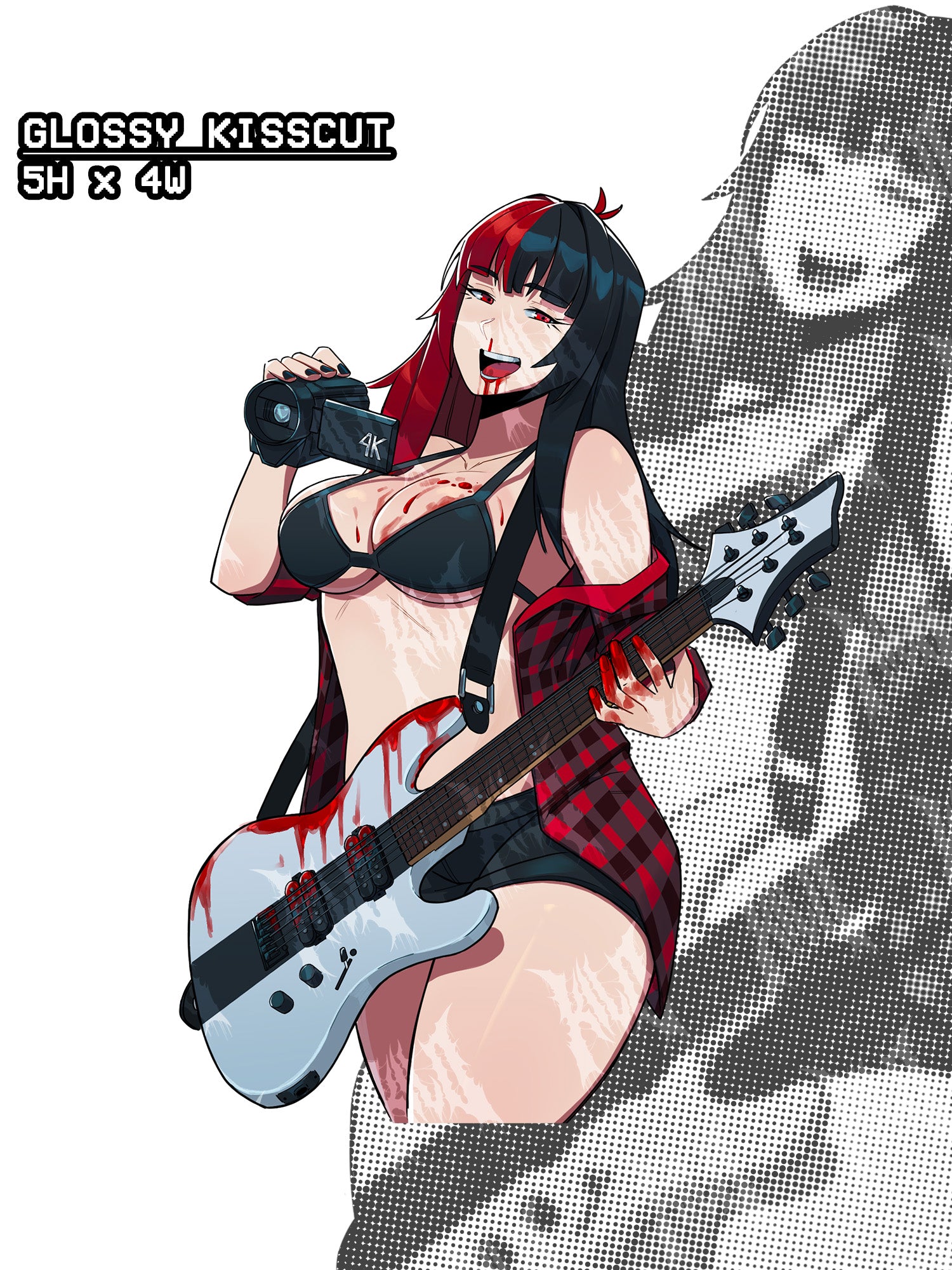 sticker a busty anime girl with red and black hair with a red flannel holding a white guitar