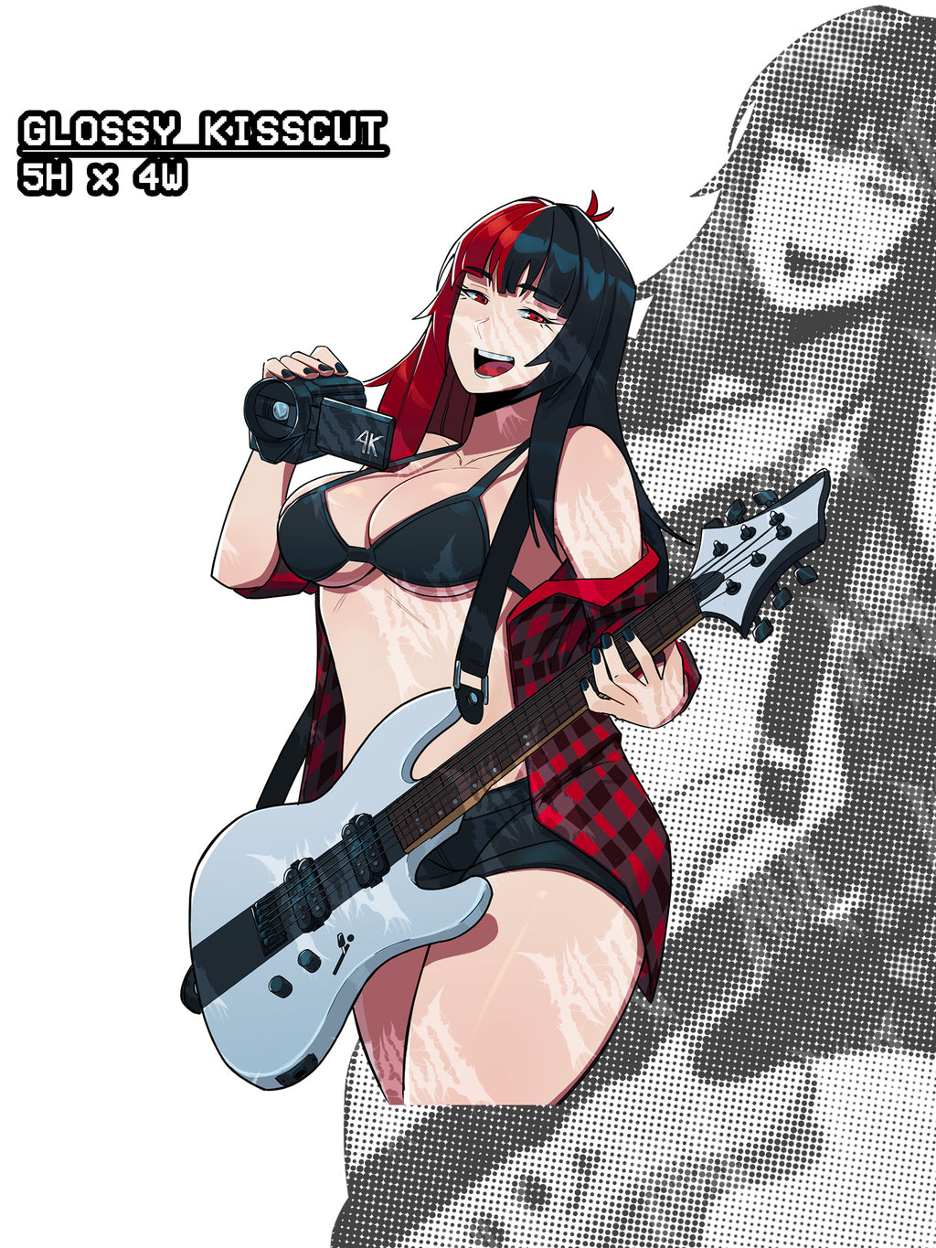 sticker a busty anime girl with red and black hair with a red flannel holding a white guitar