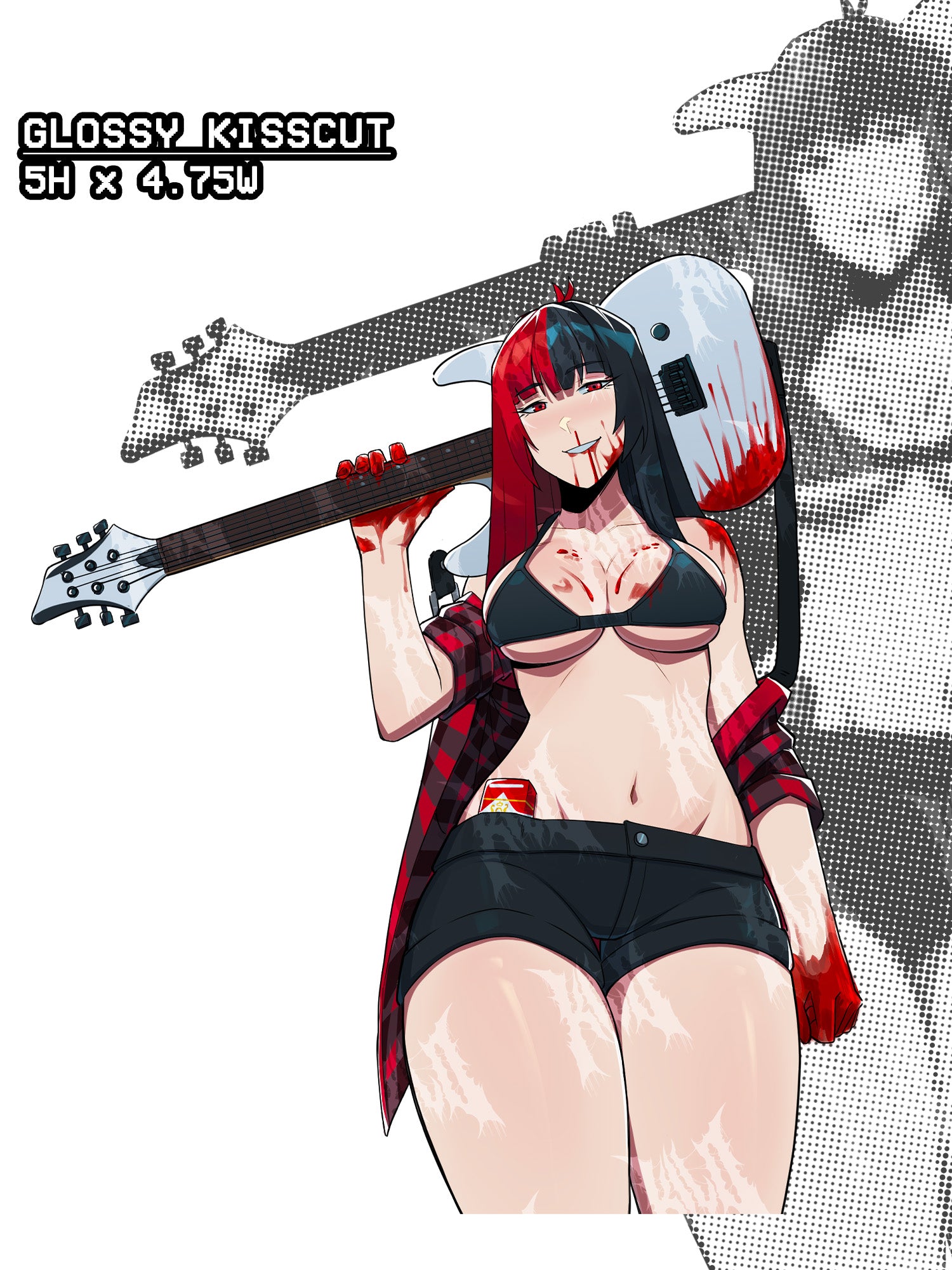 sticker a busty anime girl with red and black hair with a red flannel holding a white guitar