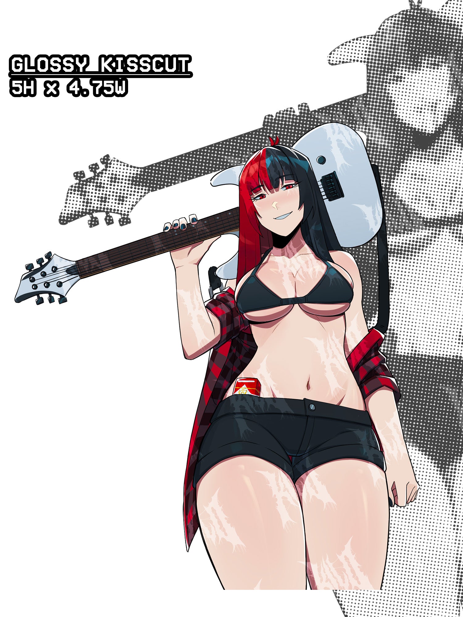 sticker a busty anime girl with red and black hair with a red flannel holding a white guitar