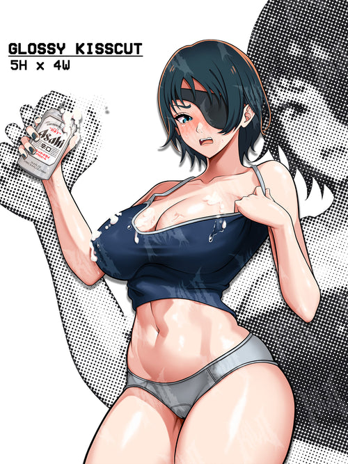 sticker of busty himeno from chainsaw man holding a beer