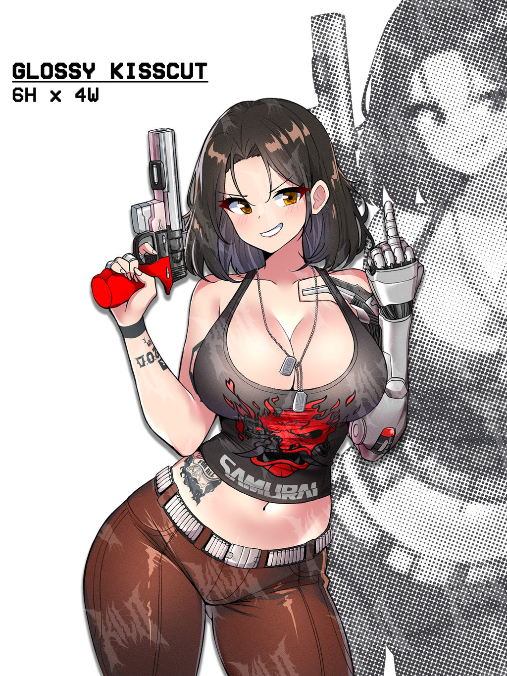 Cyberpunk 2077 Johnny silverhand samurai anime girl genderbent sticker with a gun and mechanical arm