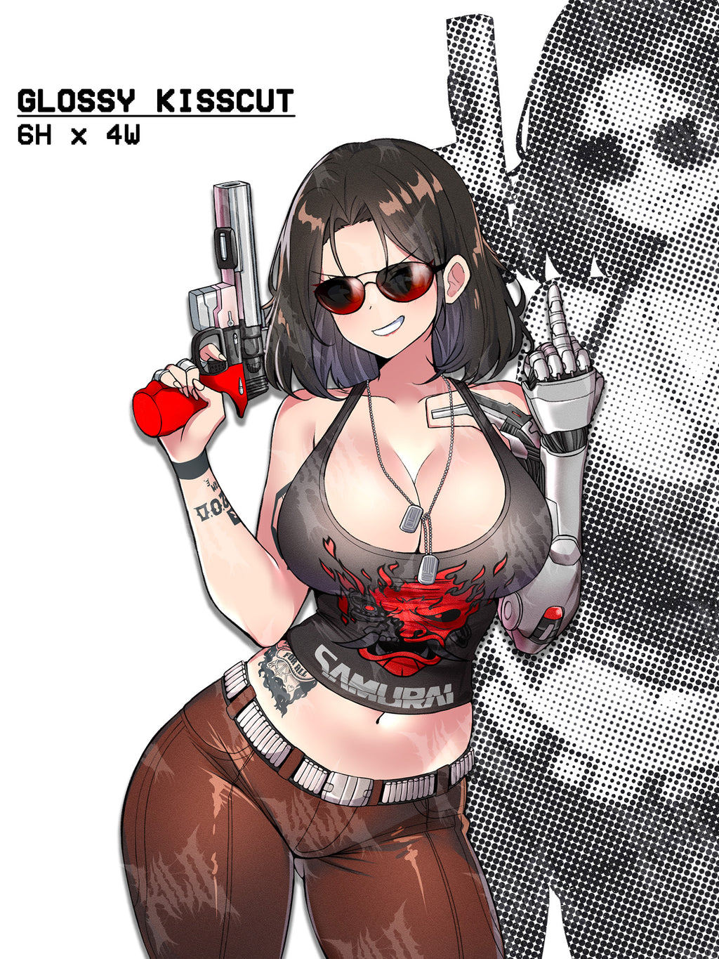 Cyberpunk 2077 Johnny silverhand samurai anime girl genderbent sticker with a gun and mechanical arm