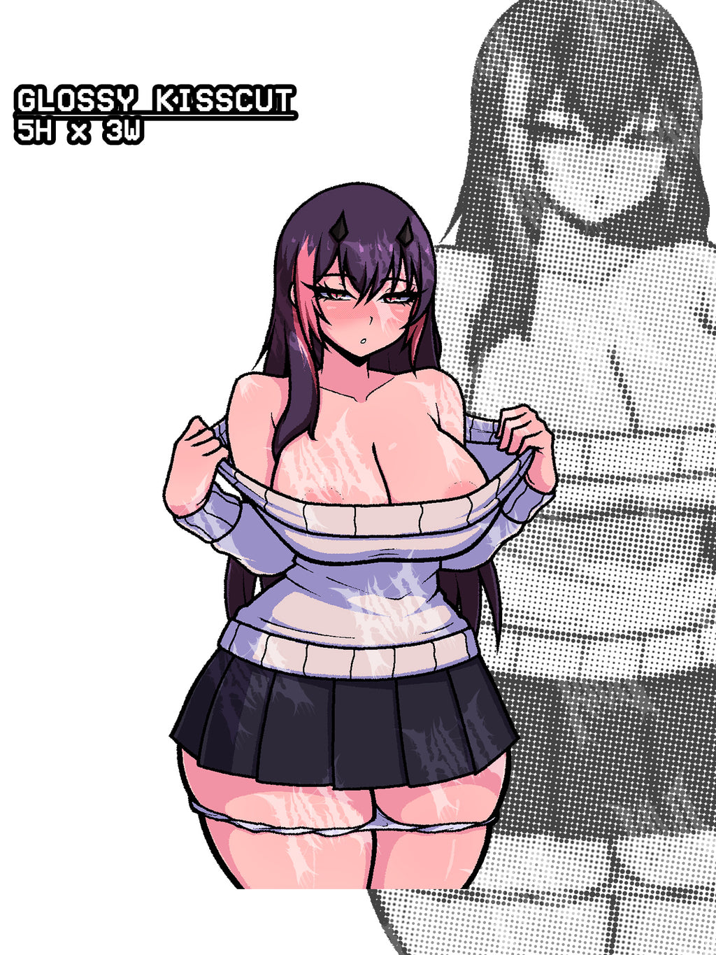 Busty thick anime girl with long black and pink hair taking off a sweater in a mini skirt, lewd anime character sticker