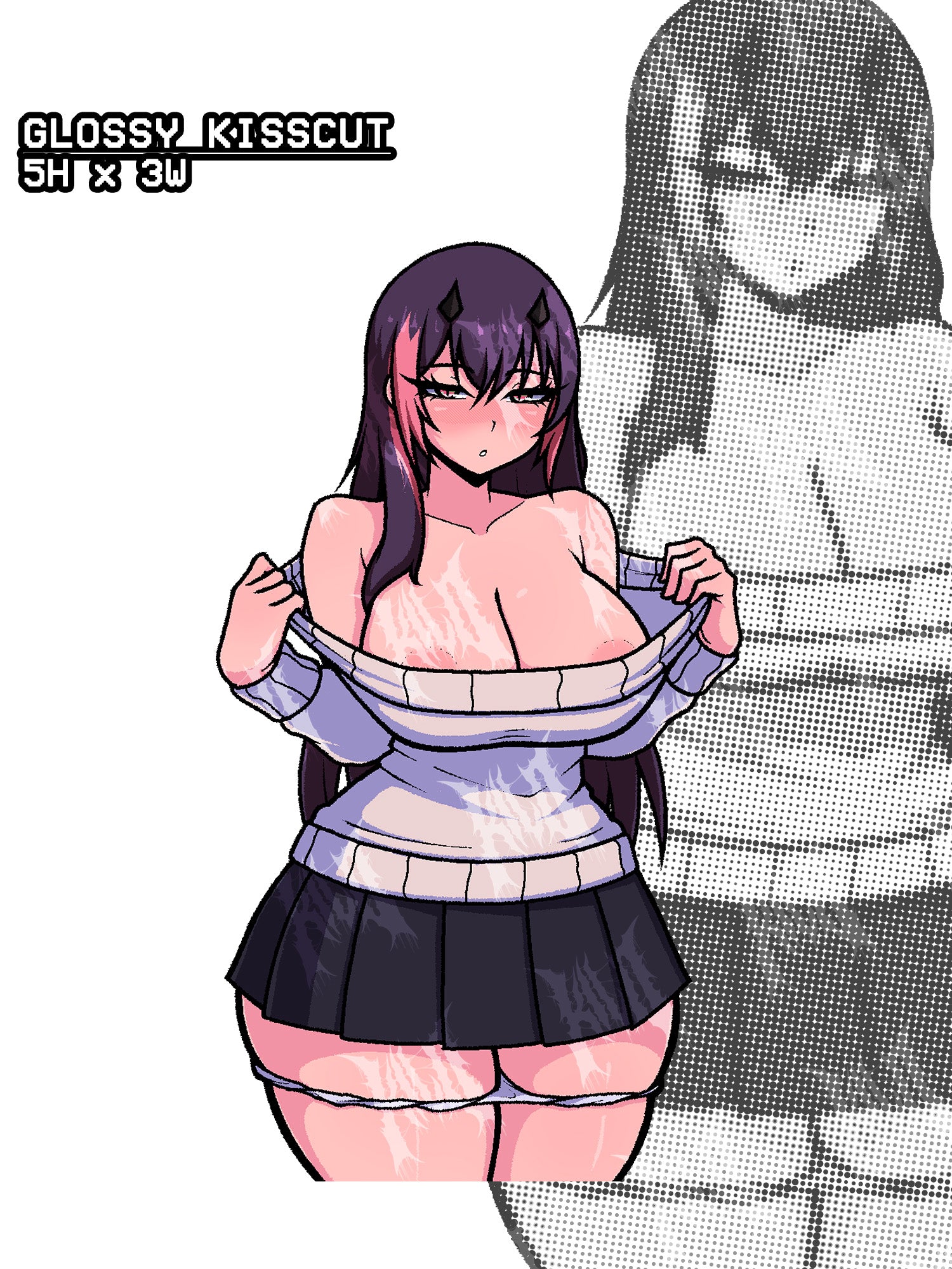 Busty thick anime girl with long black and pink hair taking off a sweater in a mini skirt, lewd anime character sticker
