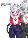 busty lucifer from helltaker with a coke can on her chest, busty white hair demon waifu sticker