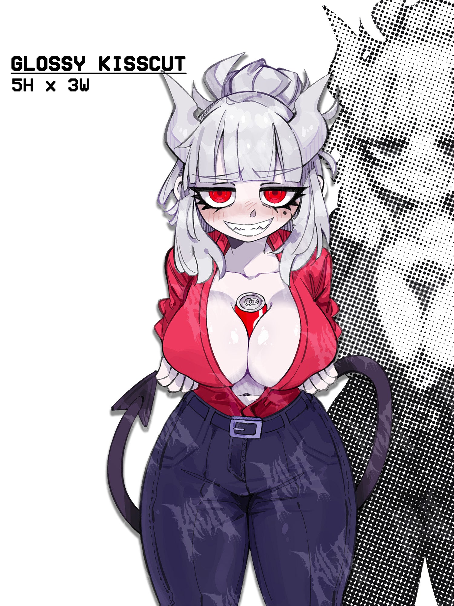 busty lucifer from helltaker with a coke can on her chest, busty white hair demon waifu sticker