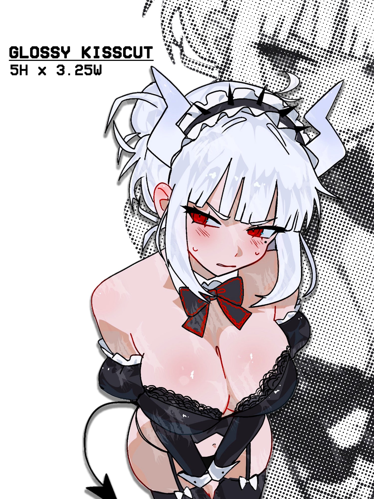busty lucifer from helltaker series wearing a lewd maid outfit, busty white hair anime girl demon sticker