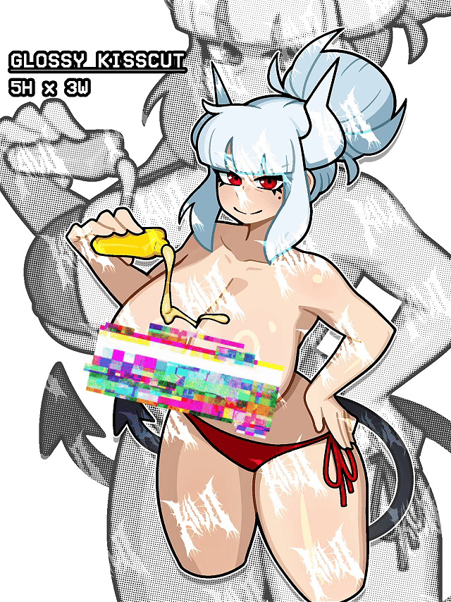 Busty lucifer from helltaker wearing a red bikini, busty summer lucifer from helltaker, helltaker sticker, helltaker NSFW