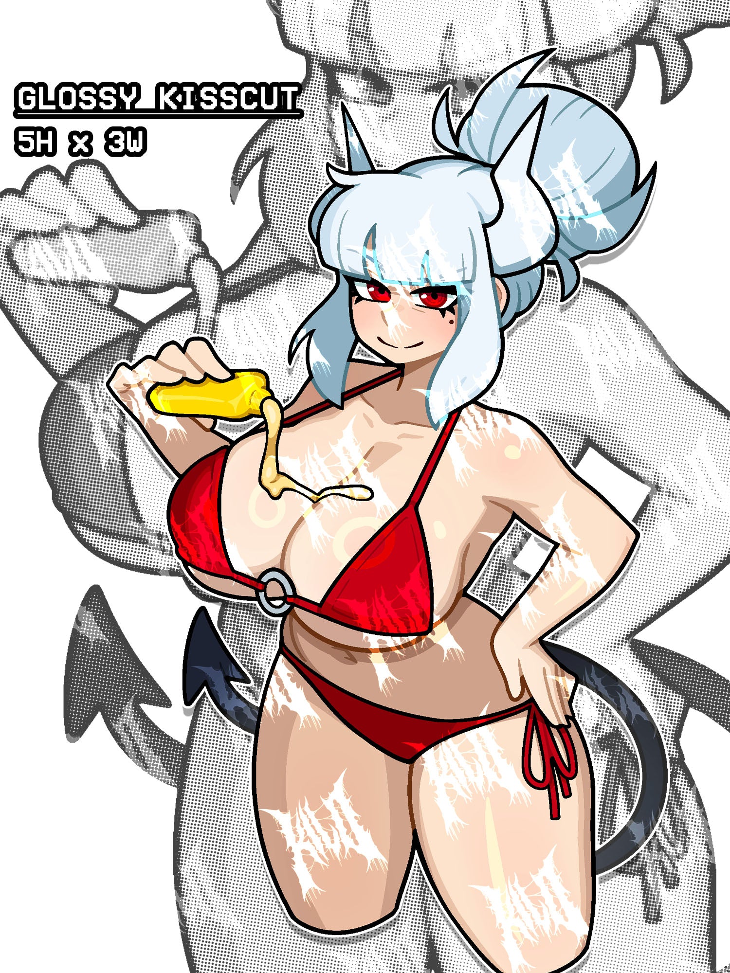 Busty lucifer from helltaker wearing a red bikini, busty summer lucifer from helltaker, helltaker sticker, helltaker NSFW