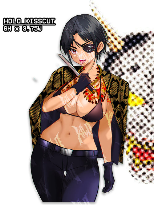 busty anime girl with tattoos and holding a knife, busty anime girl sticker, majima from yakuza video game, gender bent with tattoos 