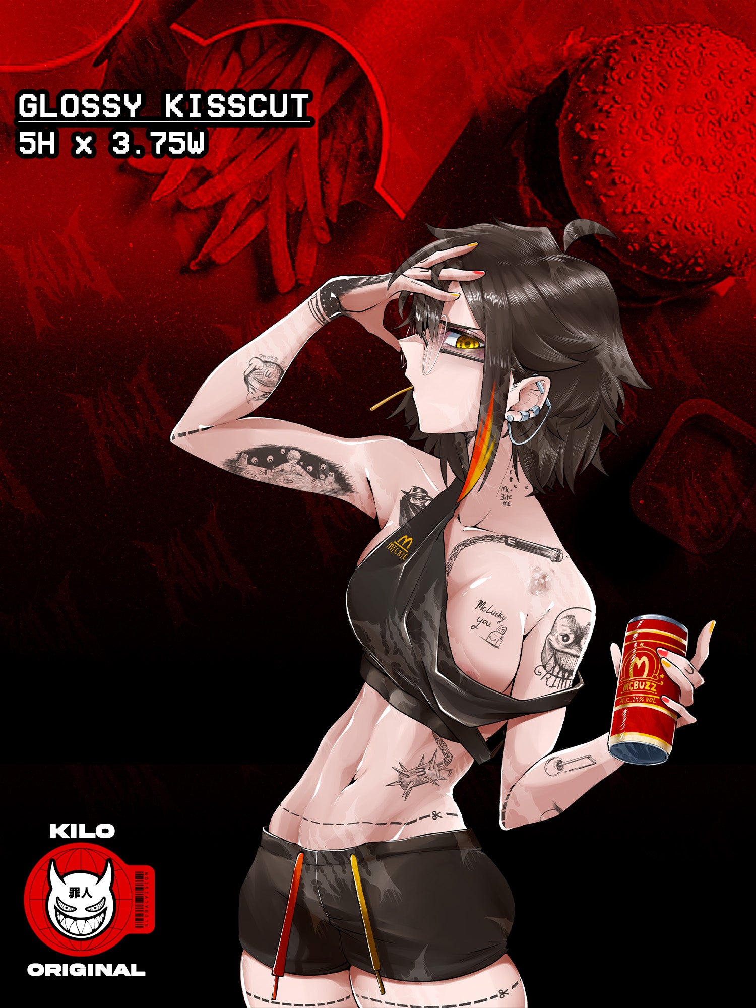 mcdonald's themed tattooed anime girl with short black hair holding a beer, anime girl sticker