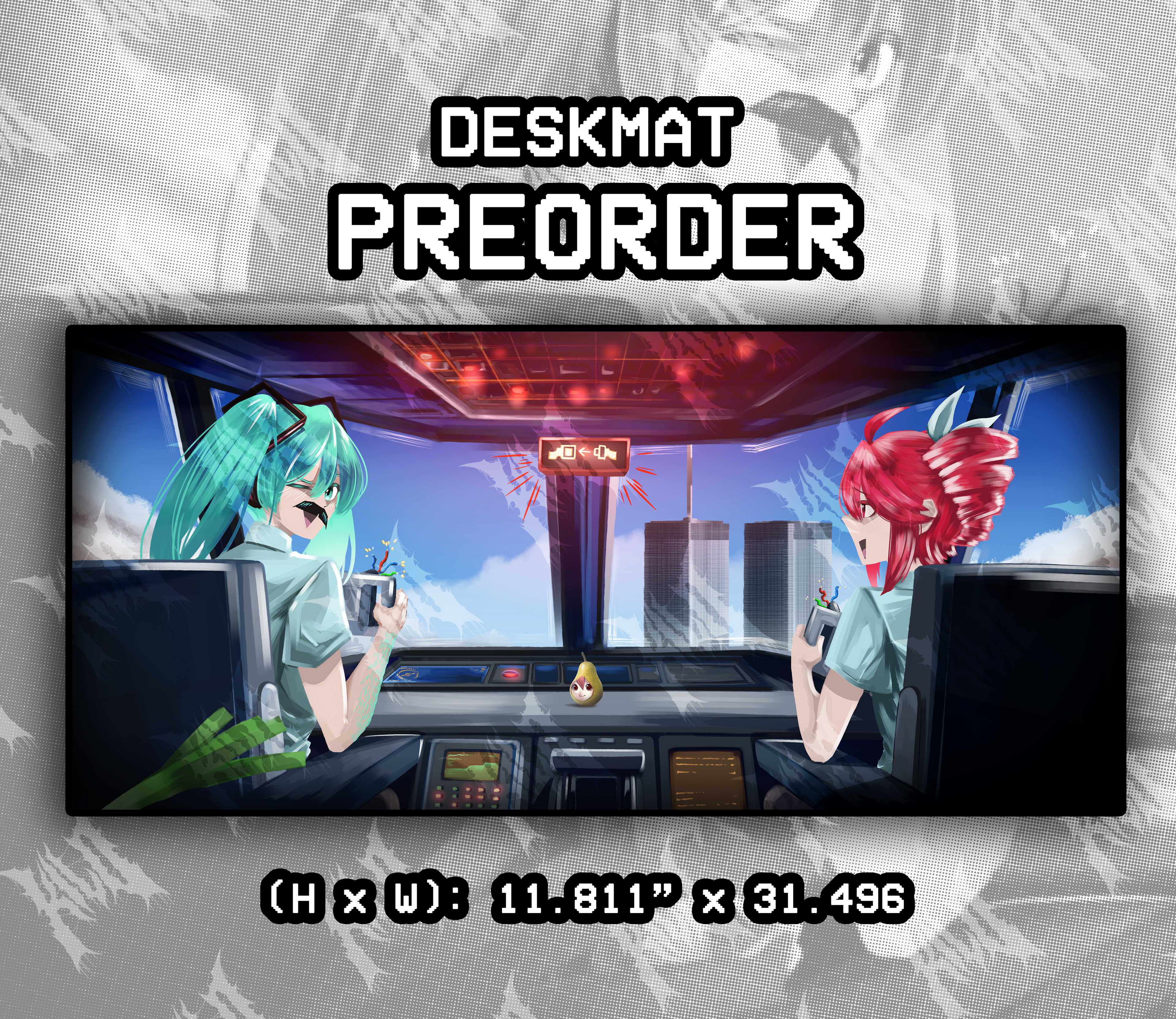 Deskmat of Hatsune Miku and Kasane Teto being airplane pilots and flying into or near the twin towers for the memes