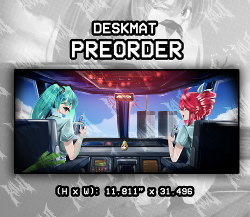 Deskmat of Hatsune Miku and Kasane Teto being airplane pilots and flying into or near the twin towers for the memes