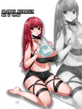 busty red hair anime girl drinking from a bottle of bleach, glossy holo vinyl sticker