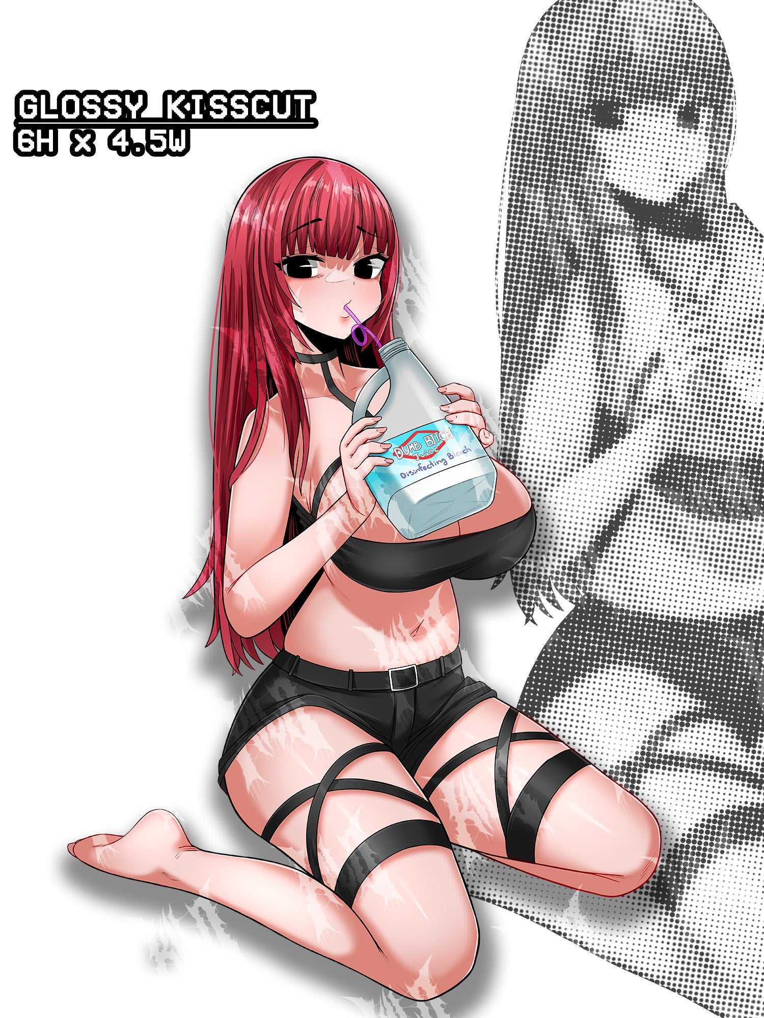 busty red hair anime girl drinking from a bottle of bleach, glossy holo vinyl sticker