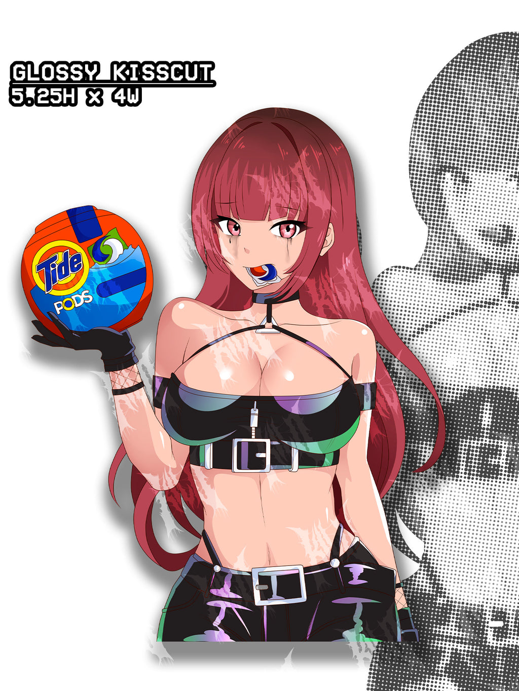busty red hair anime girl eating tide pods, funny meme sticker