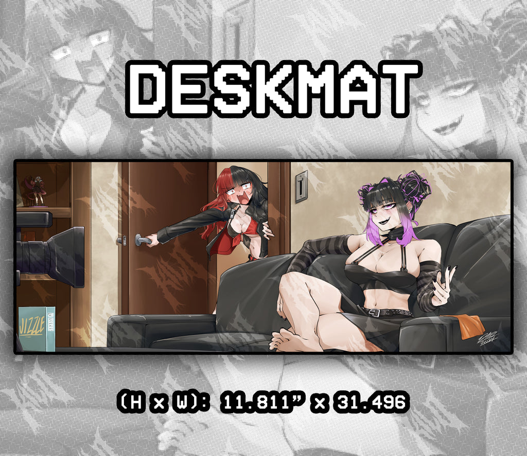 busty anime girls hanging out by casting couch deskmat, busty anime girl with black and red hair, busty anime girl with black and purple hair
