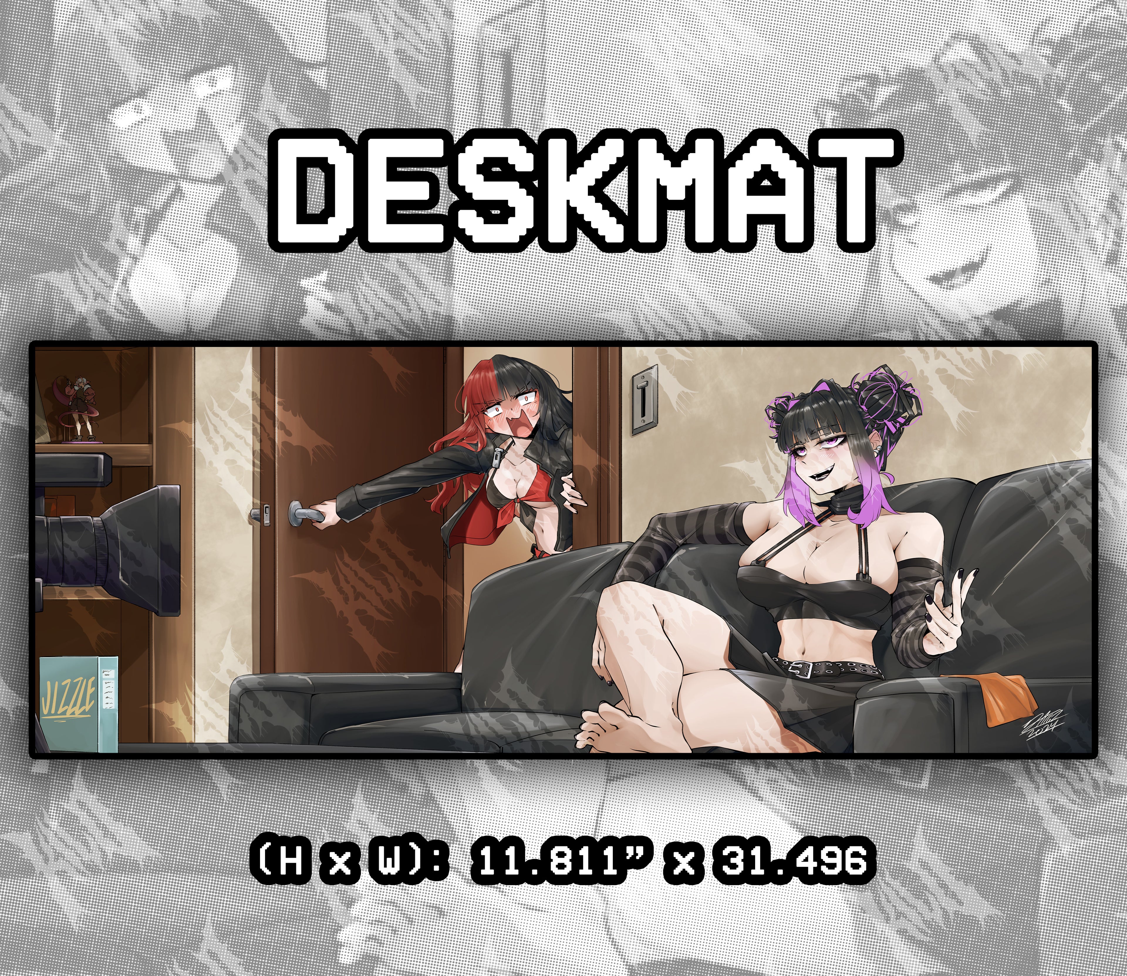 busty anime girls hanging out by casting couch deskmat, busty anime girl with black and red hair, busty anime girl with black and purple hair