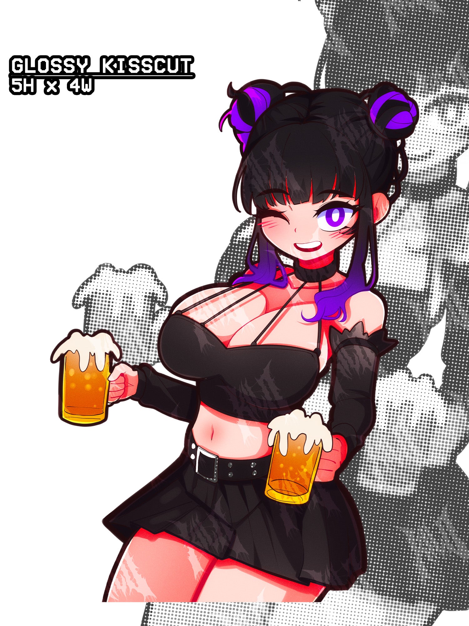Anime character with purple and black hair in a skimpy outfit holding two beers, busty anime girl sticker