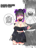 Anime girl character with purple hair and a black outfit, with text bubble, busty anime girl sticker